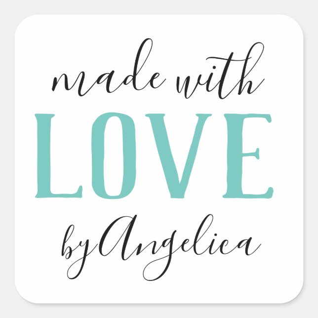 Pegatina Cuadrada Fabricado con amor Script Turquoise Business (Anverso)