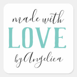 Pegatina Cuadrada Fabricado con amor Script Turquoise Business
