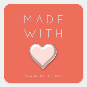 Pegatina Cuadrada Fabricado con el corazón de amor Rosa web Rubor Co