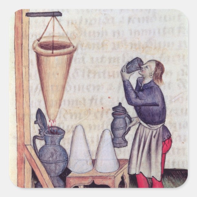 Pegatina Cuadrada Fabricando jarabe de azúcar, de "Tractatus de Herb (Anverso)
