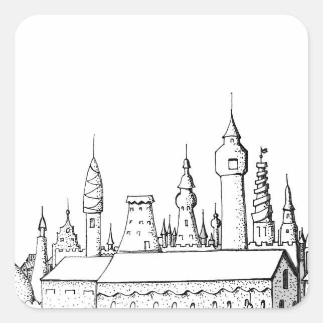 Pegatina Cuadrada fabulosa ciudad . arte . negro y blanco (Anverso)