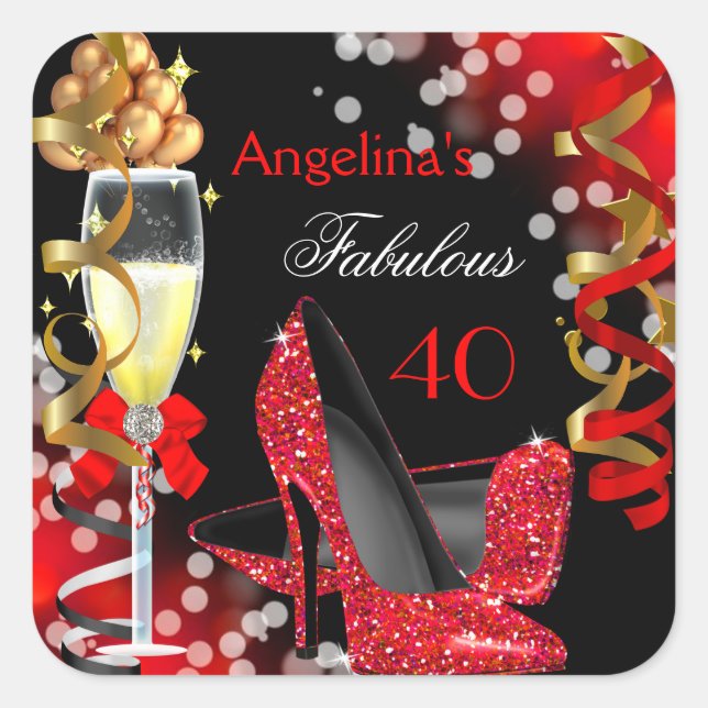 Pegatina Cuadrada Fabuloso 40 Red Heels Gold Bubbles Fiesta de cumpl (Anverso)