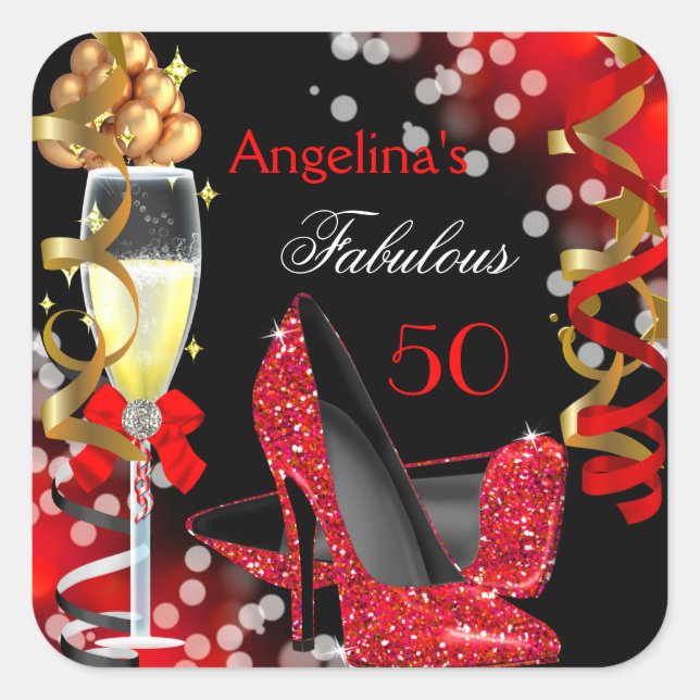 Pegatina Cuadrada Fabuloso 50 Red Heels Gold Bubbles Fiesta de cumpl (Anverso)