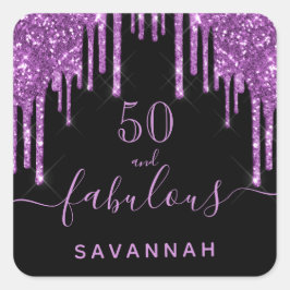 Pegatina Cuadrada Fabuloso cumpleaños purpurina morado negro elegant