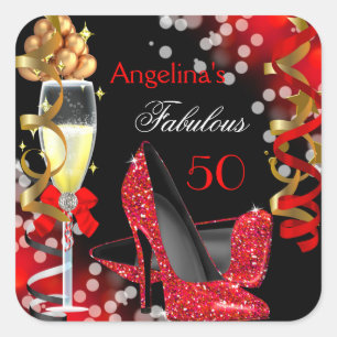 Pegatina Cuadrada Fabulosos 50 Tacones Rojos Burbujas Doradas Fiesta