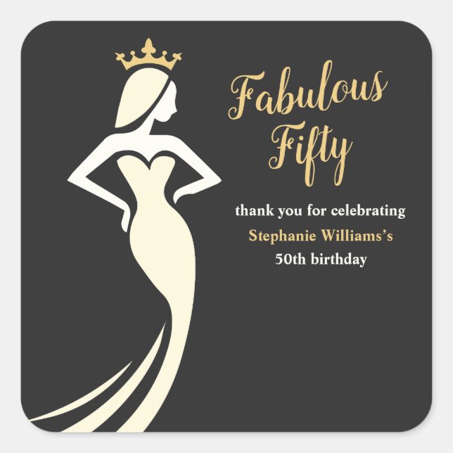 Pegatina Cuadrada Fabulous Fifty Queen Golden Black 50th Birthday (Anverso)