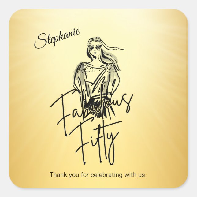 Pegatina Cuadrada Fabulous Fifty Woman Gold Sketch 50th Birthday (Anverso)