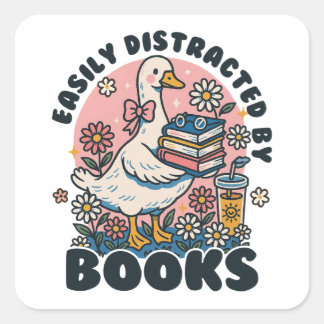 Pegatina Cuadrada Fácilmente Distraído por Libros Ganso Bonito Gusan