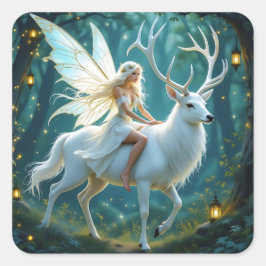 Pegatina Cuadrada Fairy and White Deer Magical Forest