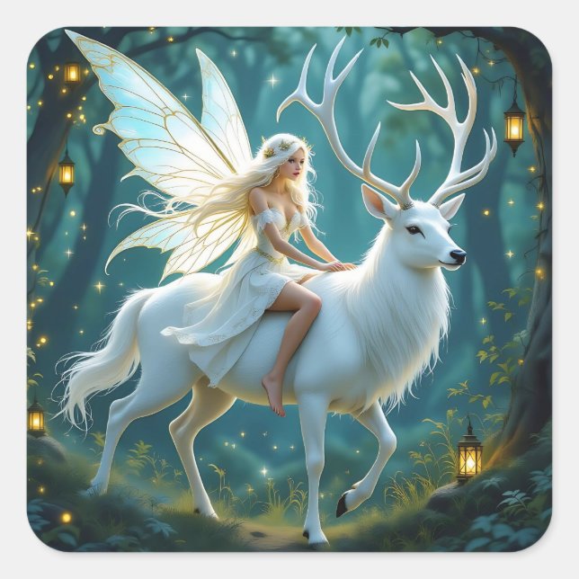 Pegatina Cuadrada Fairy and White Deer Magical Forest (Anverso)