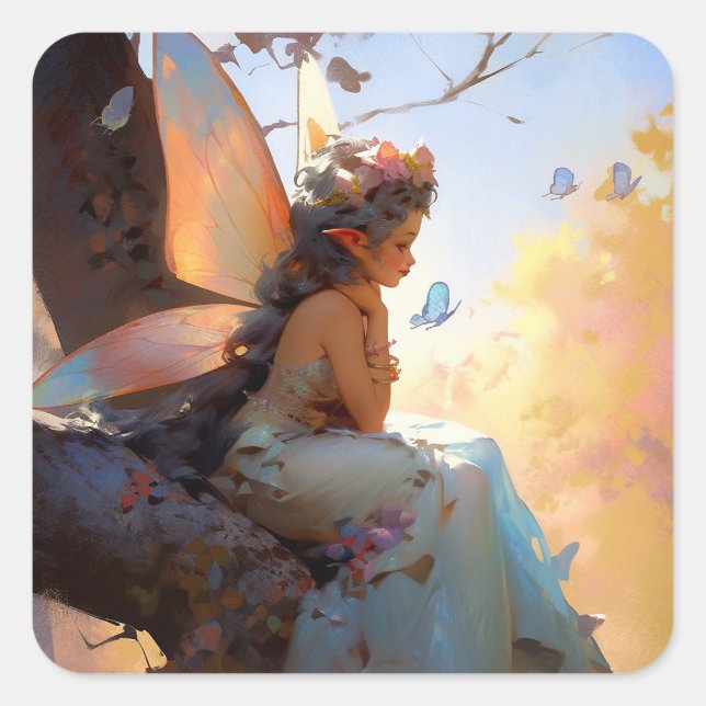 Pegatina Cuadrada Fairy Chica Fantasy Art (Anverso)