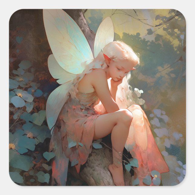 Pegatina Cuadrada Fairy Chica Fantasy Art (Anverso)
