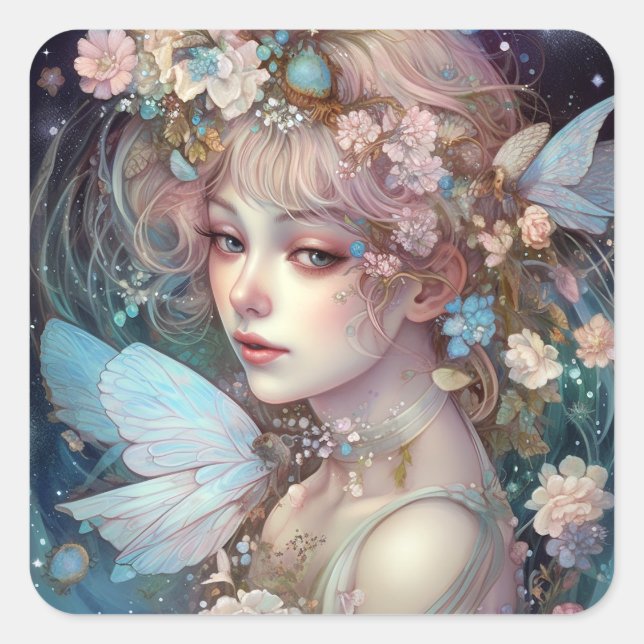 Pegatina Cuadrada Fairy Chica Fantasy Art (Anverso)