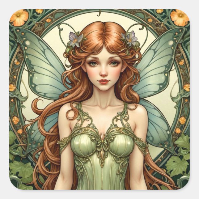 Pegatina Cuadrada Fairy de Art Nouveau (Anverso)