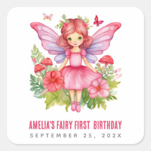 Pegatina Cuadrada Fairy First Birday Pink Bonito Chica Watercolor