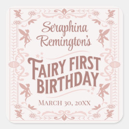 Pegatina Cuadrada Fairy First Birday Pink Sweet Chicas Bday Fiesta