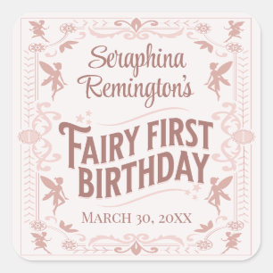 Pegatina Cuadrada Fairy First Birday Pink Sweet Chicas Bday Fiesta