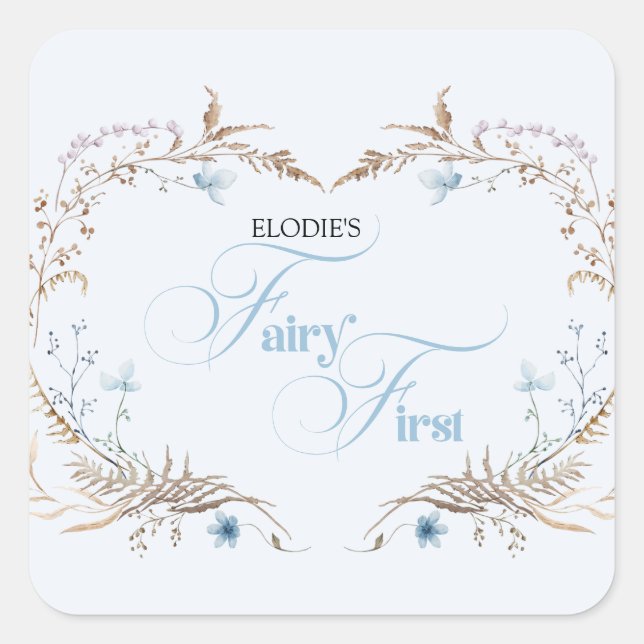 Pegatina Cuadrada Fairy First Birthday Invitation | Elegant Blue  (Anverso)