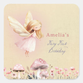 Pegatina Cuadrada Fairy First Theme Girl's 1st Birthday Party Custom