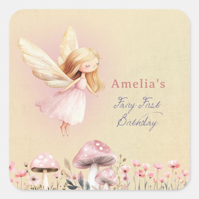 Pegatina Cuadrada Fairy First Theme Girl's 1st Birthday Party Custom (Anverso)
