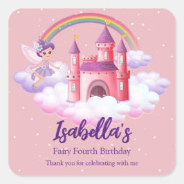 Pegatina Cuadrada Fairy Kid's Birthday Fairytale Castle Rainbow 