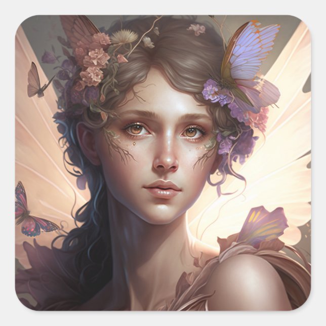 Pegatina Cuadrada Fairy Lady Fantasy Art (Anverso)