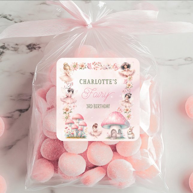 Pegatina Cuadrada Fairy Mushroom House Pink Birthday (Subido por el creador)