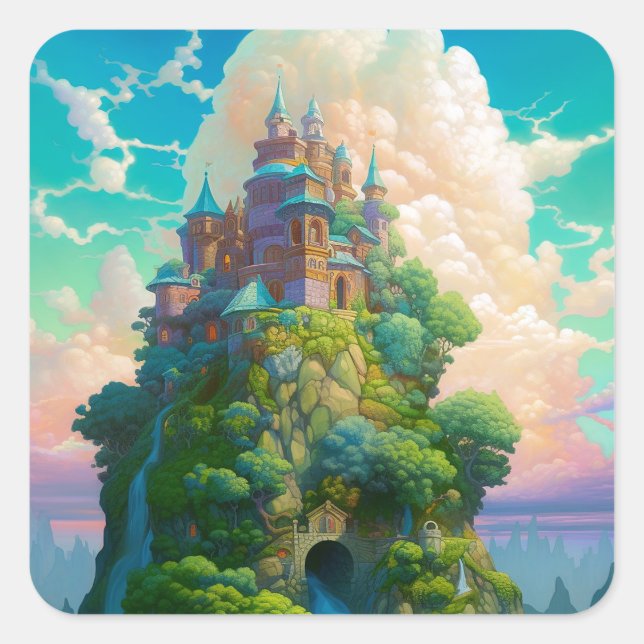 Pegatina Cuadrada Fairy Tale Castle Fantasy Art (Anverso)