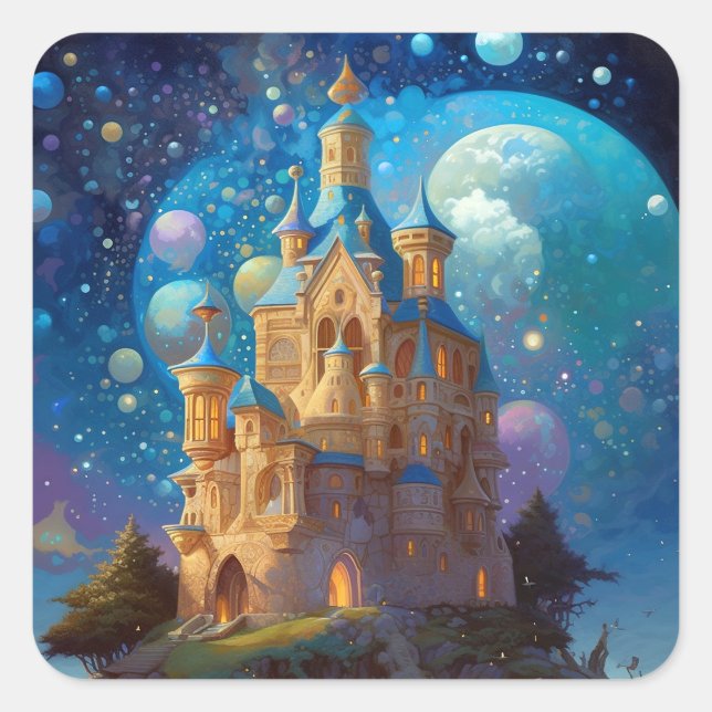 Pegatina Cuadrada Fairy Tale Castle Fantasy Art (Anverso)