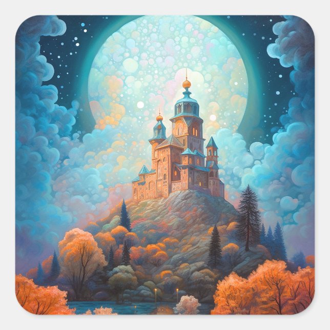 Pegatina Cuadrada Fairy Tale Castle Fantasy Art (Anverso)
