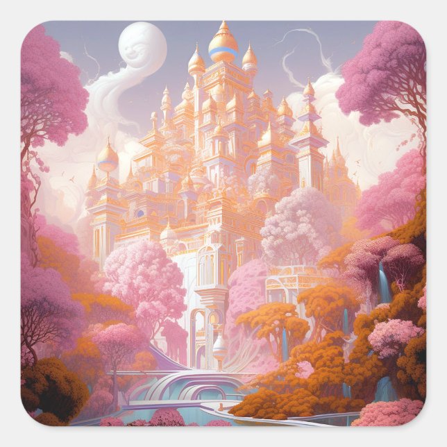 Pegatina Cuadrada Fairy Tale Castle Pink White Gold Fantasma Art (Anverso)