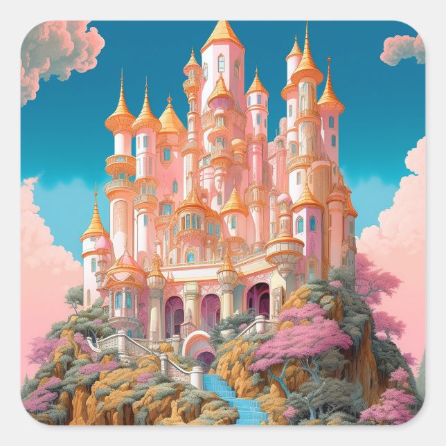 Pegatina Cuadrada Fairy Tale Castle Pink White Gold Fantasma Art (Anverso)