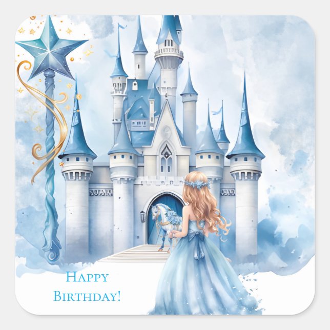 Pegatina Cuadrada Fairy Tale Princess Castle Chica Birday Party (Anverso)