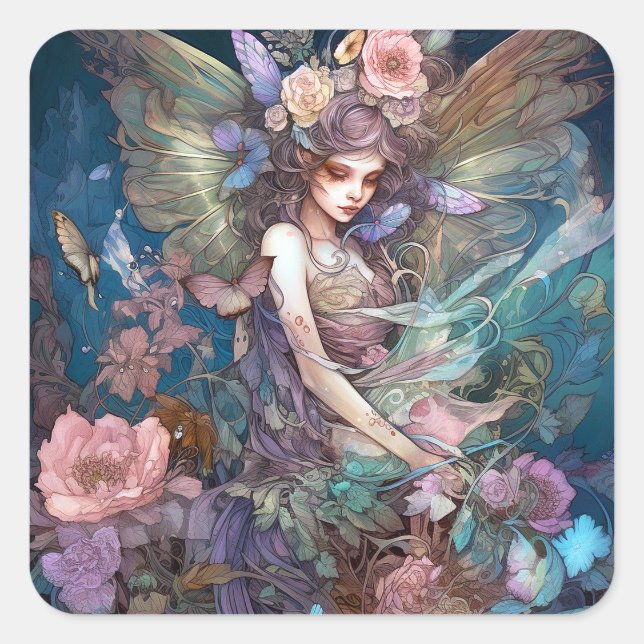 Pegatina Cuadrada Fairy Woman Fantasy Art (Anverso)
