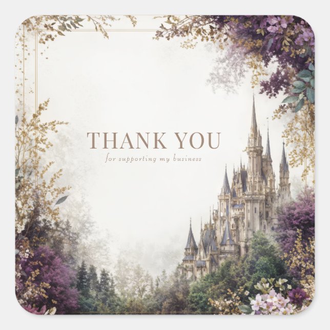 Pegatina Cuadrada Fairytale Castle Purple Floral Elegant Gold (Anverso)