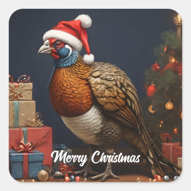 Pegatina Cuadrada faisán con árbol de navidad y regalos (Anverso)