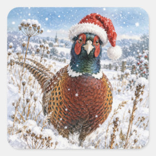 Pegatina Cuadrada Faisán de Navidad en campo de invierno