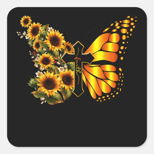 Pegatina Cuadrada Faith Cross Sunflower Butterfly Christian (Anverso)