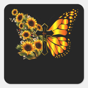 Pegatina Cuadrada Faith Cross Sunflower Butterfly Christian