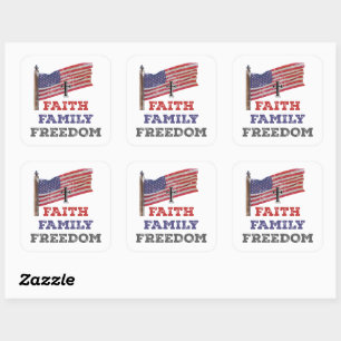 Pegatina Cuadrada Faith Family Freedom Cross con bandera