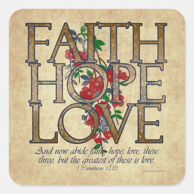 Pegatina Cuadrada Faith Hope Love Christian Bible Verse (Anverso)