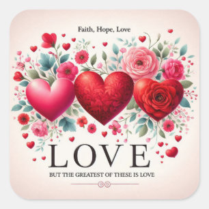 Pegatina Cuadrada Faith Hope Love pero el más grande es Love