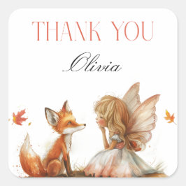 Pegatina Cuadrada Fall Fairy First Birday Gracias con un Fox