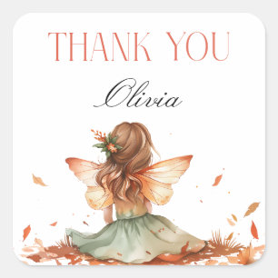 Pegatina Cuadrada Fall Fairy First Birday Gracias con un Fox
