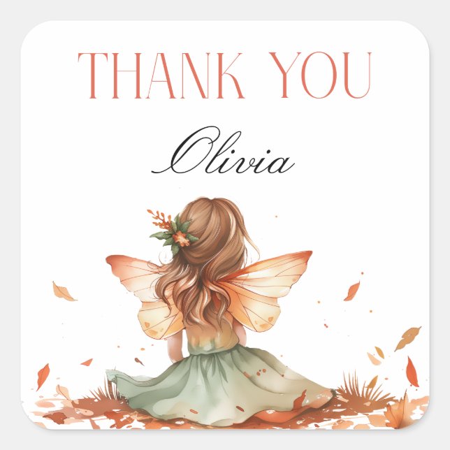 Pegatina Cuadrada Fall Fairy First Birday Gracias con un Fox (Anverso)