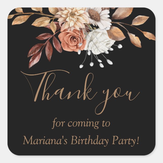 Pegatina Cuadrada Fall Floral Bouquet Birthday Black Favor (Anverso)