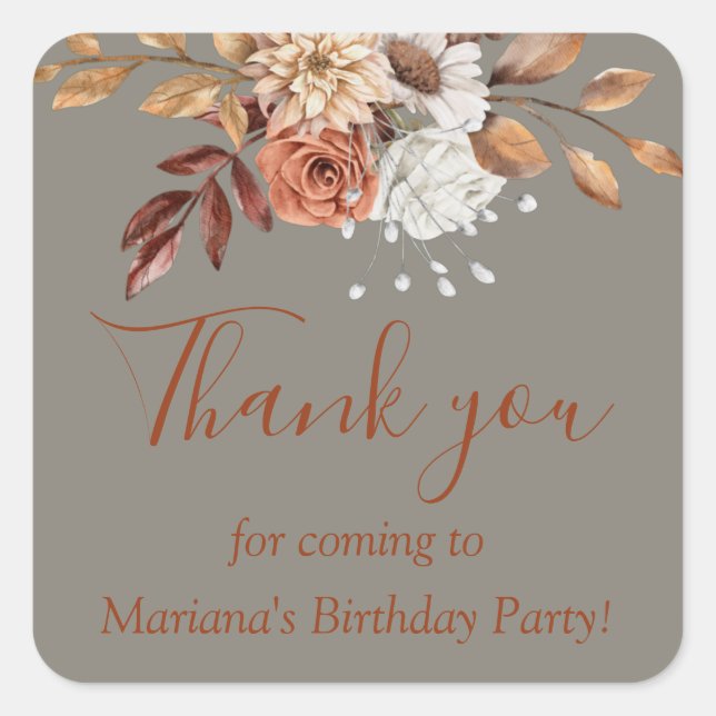 Pegatina Cuadrada Fall Floral Bouquet Birthday Grey Favor (Anverso)