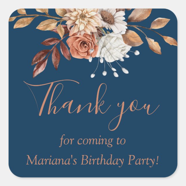 Pegatina Cuadrada Fall Floral Bouquet Birthday Navy Blue Favor (Anverso)