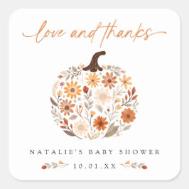 Pegatina Cuadrada Fall Floral Pumpkin Baby Shower Gracias