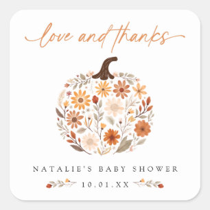 Pegatina Cuadrada Fall Floral Pumpkin Baby Shower Gracias